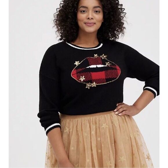 TORRID Sweater Size 2X Black Red Sequin Plaid Lips Crew Neck Pullover Festive - Picture 2 of 16